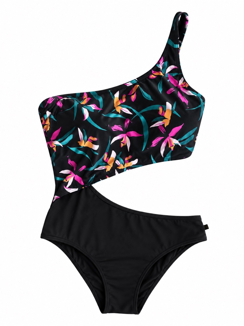 La SENZA Black One-Shoulder Floral Cutout One-Piece Swimsuit – Size Large EUC